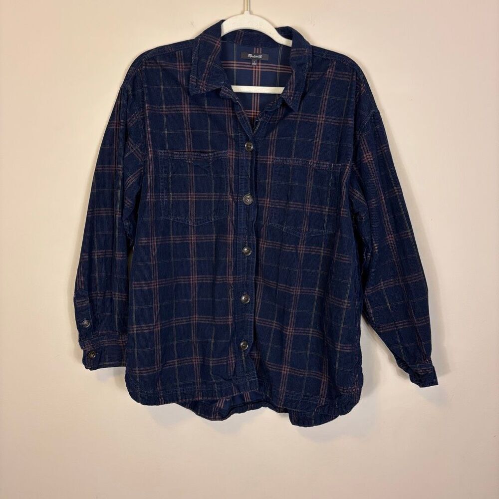 Madewell Navy Blue with Pink Plaid Corduroy Button Down Front Shirt Jacket Large